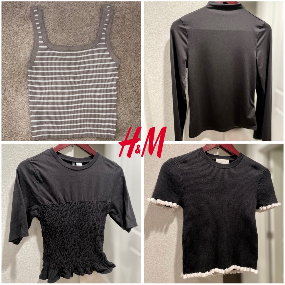 H&M Black & Gray Ribbed Striped Tank + Black Tops Set